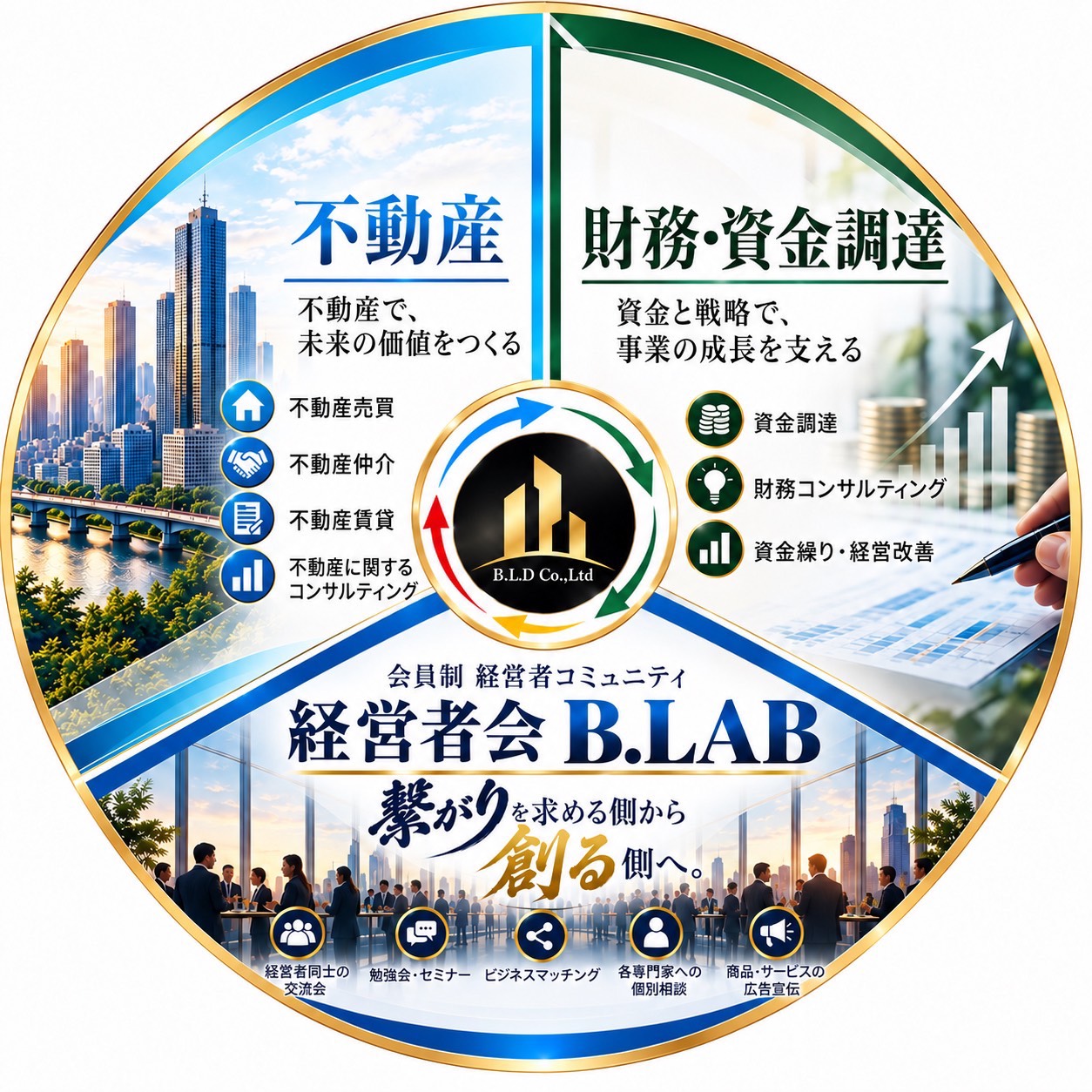 株式会社B.L.Dの事業紹介。不動産、財務・資金調達、会員制経営者コミュニティB.LAB。